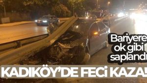 Kadıköy'de kontrolden çıkan otomobil bariyere ok gibi saplandı