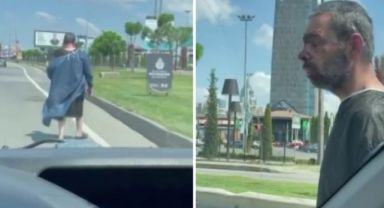 E-5'te sürücüleri şaşırtan anlar: Ameliyat önlüklü ve yaralı şahıs kimseye aldırmadan yürüdü